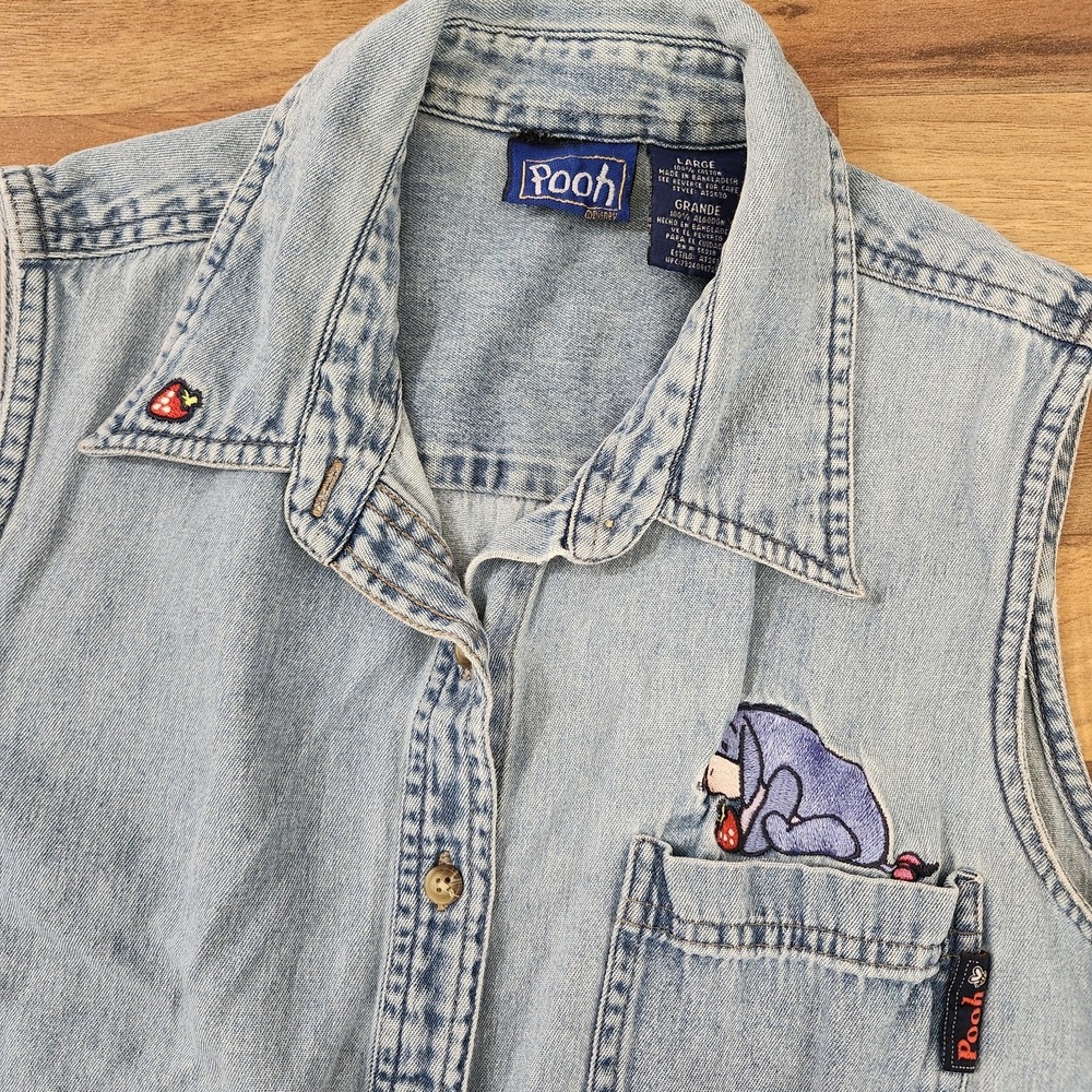 Vtg Disney Winnie The Pooh Blue Denim Vest Embroidered Women's Large